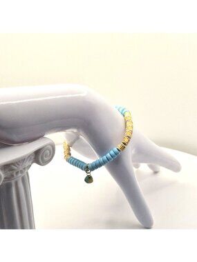 Beaded Bracelet With Gold Tone Accent Hamsa And Heart Charms Adjustable Fit Blue